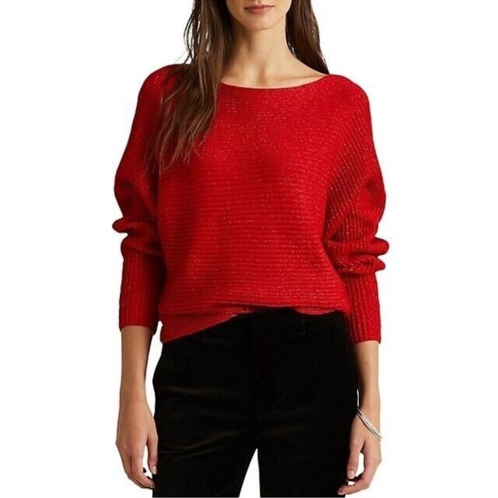 Lauren Ralph Lauren Sweater Red Metallic Ribbed Boatneck Dolman Sleeve L/XL